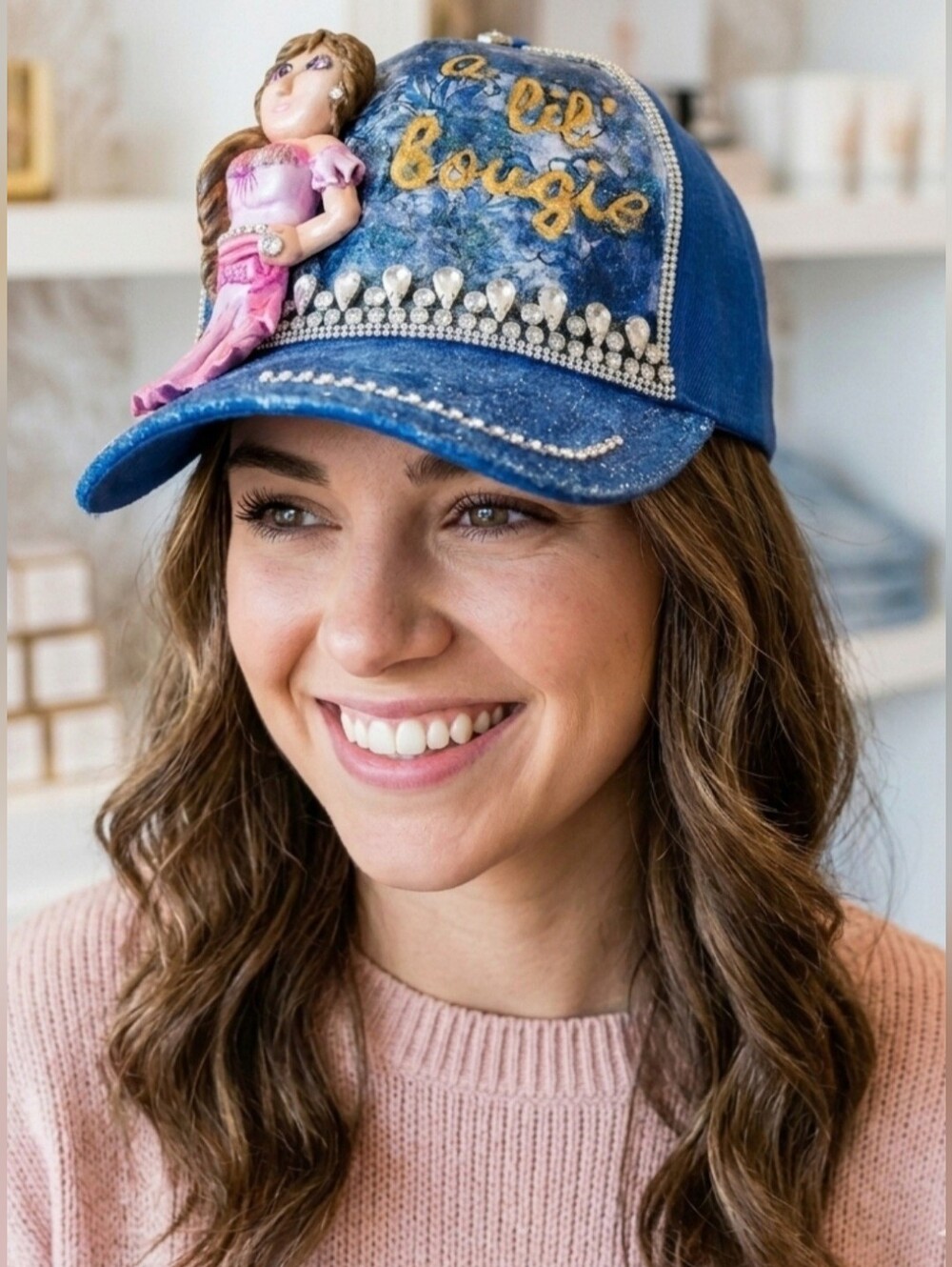 Handmade Baseball Hat - Adjustable - 100% Cotton - Blue and Pink - Sparkles!
